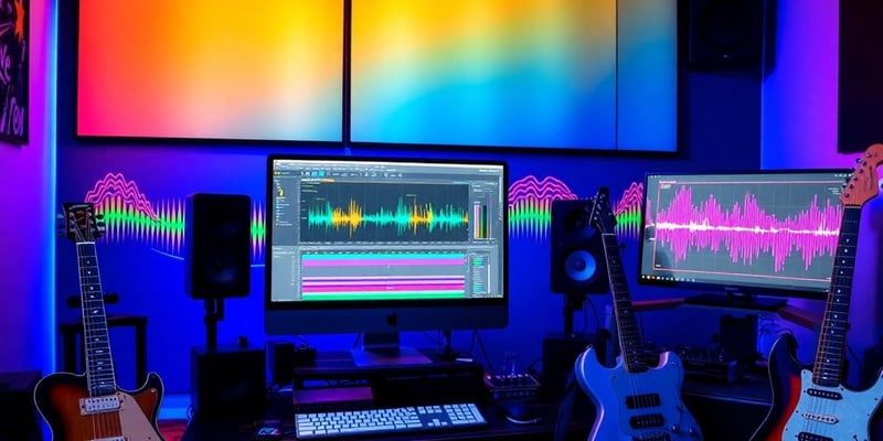 Photographic image of a creative music production workspace.