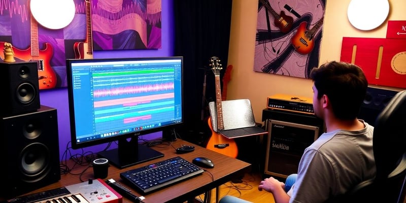 Musician working in a colorful music production studio.