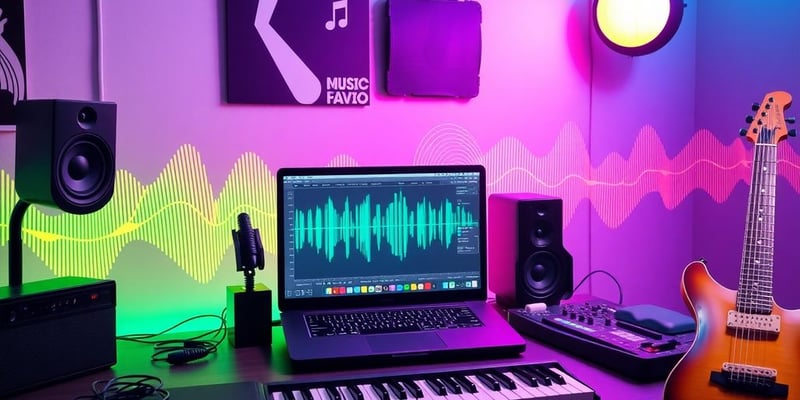 Modern workspace with music instruments and sound waves.