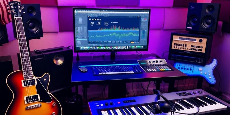 Music studio with AI vocals plugin and instruments.