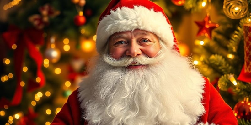 Santa Claus with holiday decorations in a festive setting.