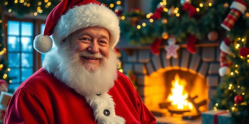 Santa Claus with holiday decorations and a cozy fireplace.