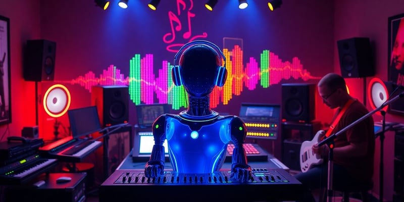 Futuristic music studio with AI vocal assistant and musicians.