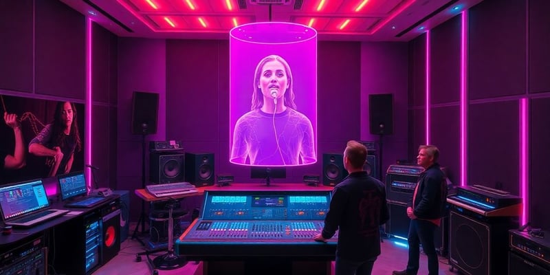 Futuristic music studio with AI vocalist hologram.