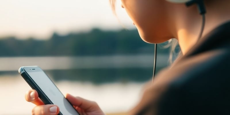 Person with headphones listening to audio on smartphone.