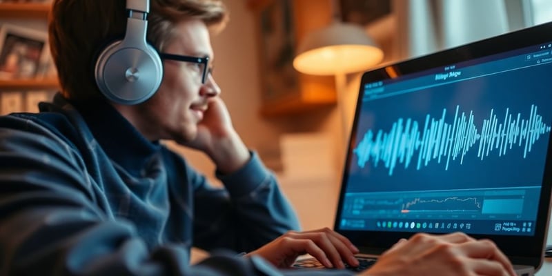 Person with headphones using laptop for audio conversion.