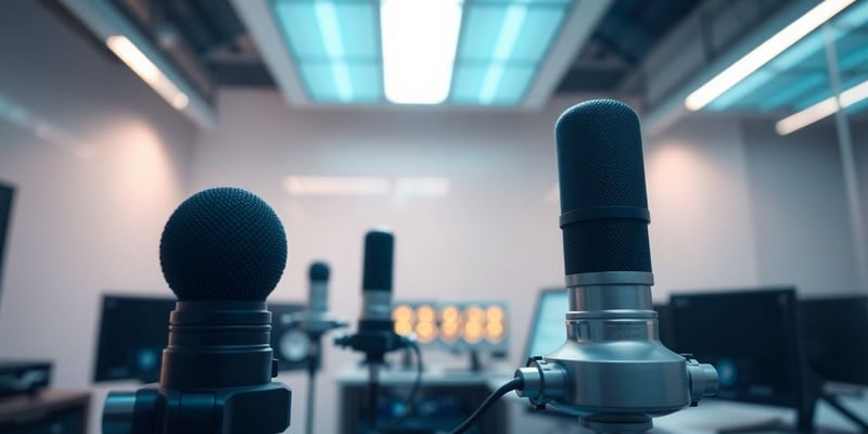 Modern lab with microphones and speakers for AI voice technology.