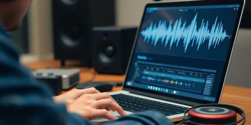 Person working on laptop with audio equipment.