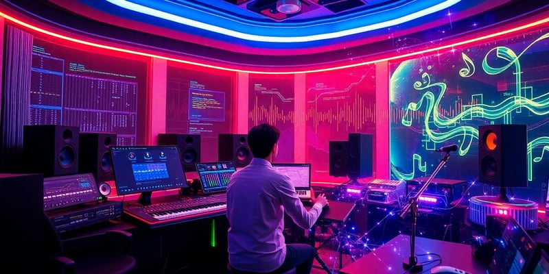 Futuristic music studio with advanced audio technology.