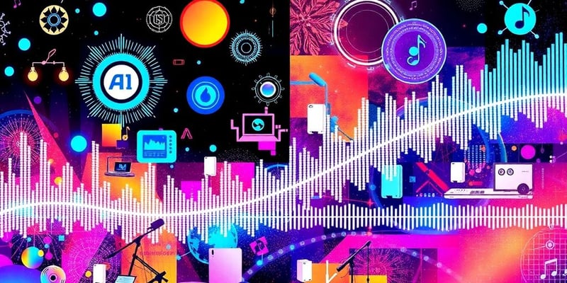 Colorful collage of music and AI elements.