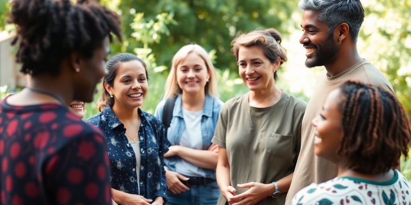 Diverse group discussing AI innovations in an outdoor setting.