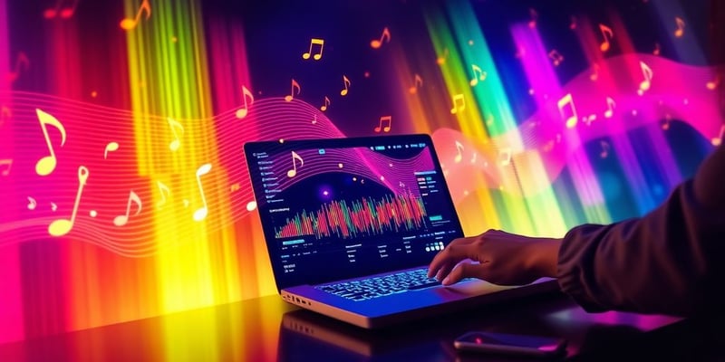 Person creating music on a laptop with colorful sound waves.