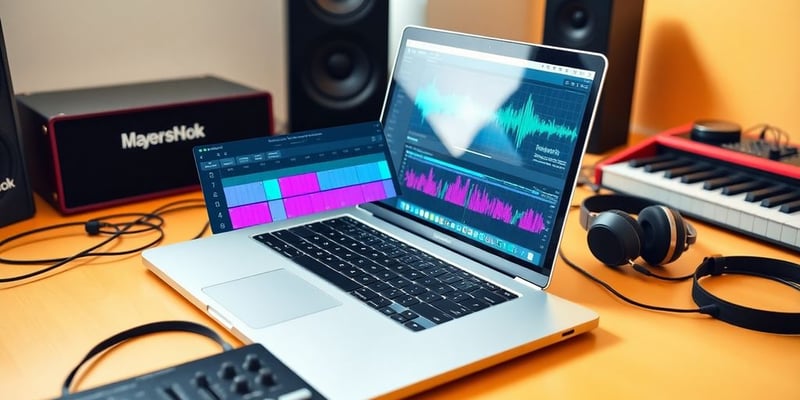 Colorful workspace with music tools and a laptop.