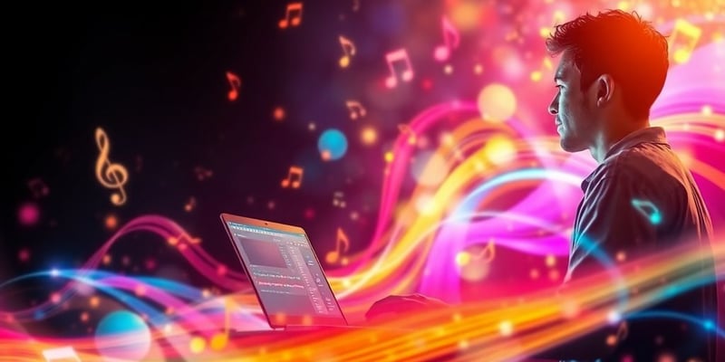 Musician with laptop creating music amid colorful sound waves.