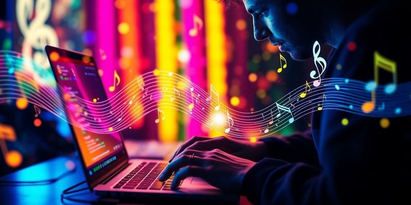 Musician composing on a laptop with musical elements.