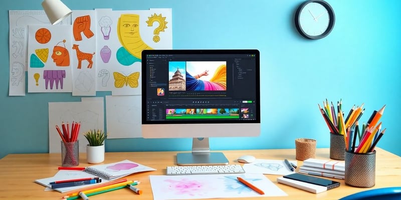 Colorful workspace with computer and creative tools.