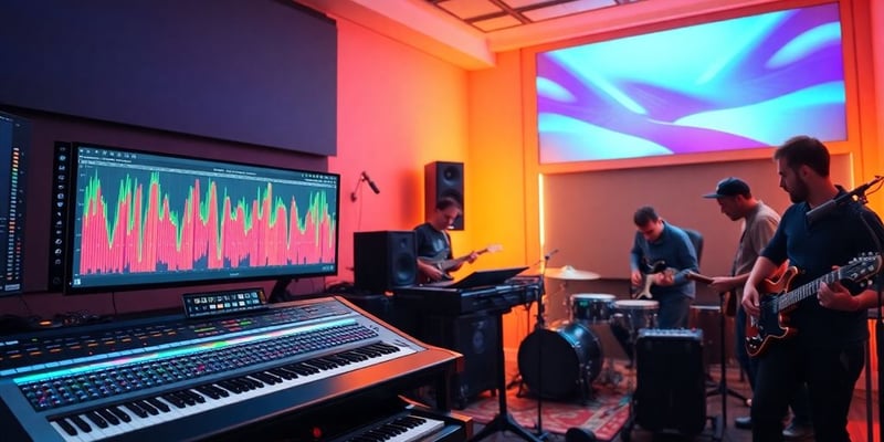 Musicians in a studio using an AI mastering plugin.