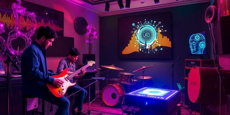 Musicians using AI technology in a colorful studio.