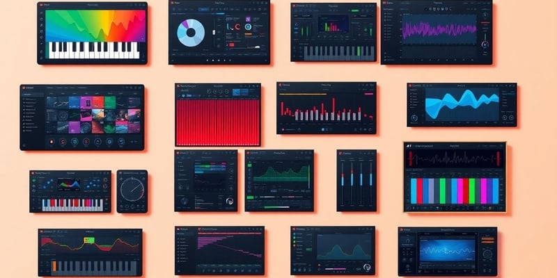 Colorful AI music production tools in a creative layout.