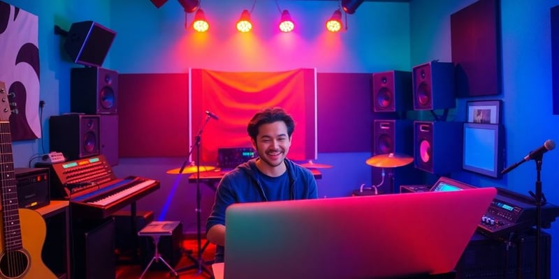 Musician using AI software in a colorful studio.