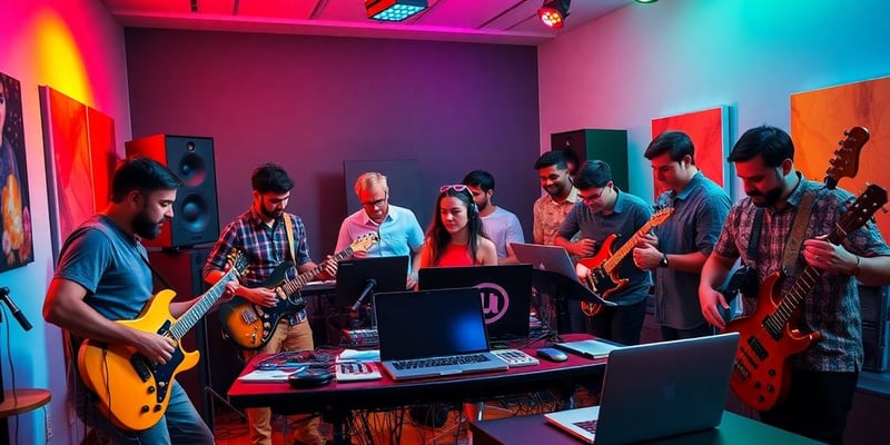 Musicians collaborating in a vibrant music studio.