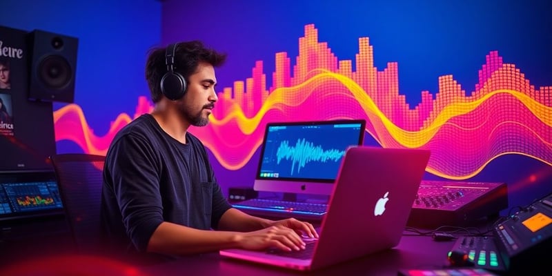 Musician in studio with laptop and colorful sound waves.