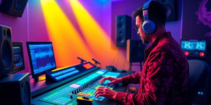 Music producer in a modern studio with digital equipment.