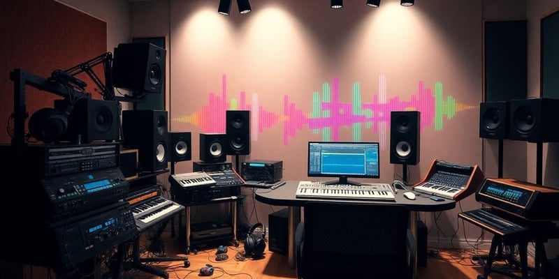 Audio equipment and sound waves in a creative studio.