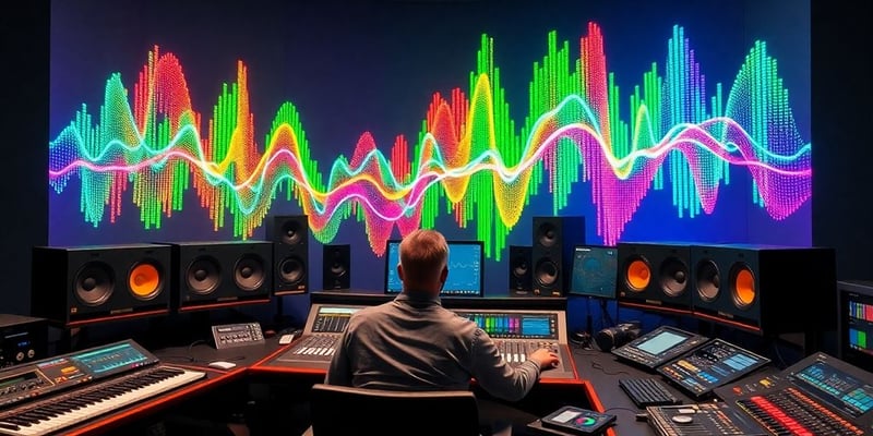 Sound engineer with audio equipment in a vibrant studio.