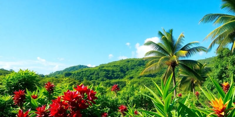 Scenic Jamaican landscape with lush greenery and blue sky.