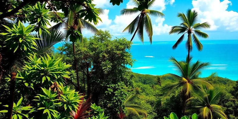 Lush Jamaican landscape with greenery and blue sky.