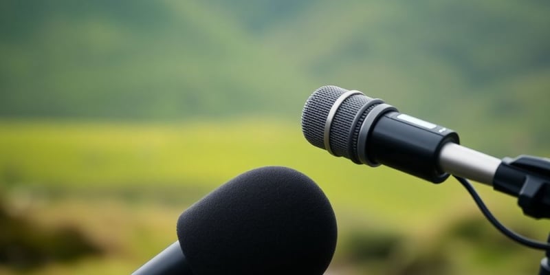 Person speaking into a microphone with green hills background.