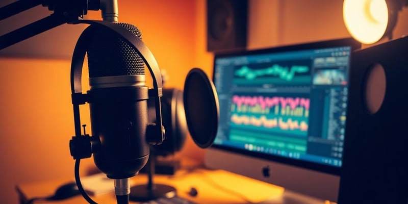 Microphone and headphones on a desk with a computer.