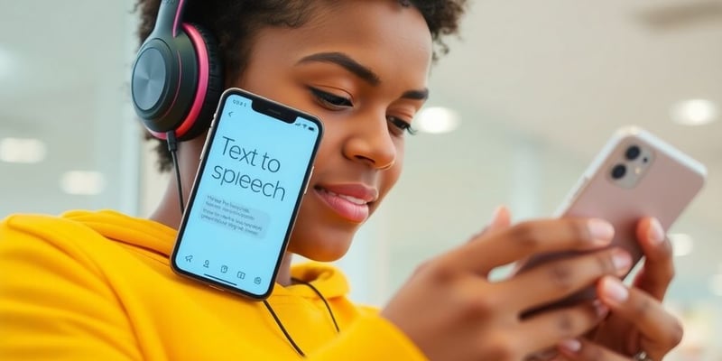 Person using smartphone with headphones for text-to-speech.