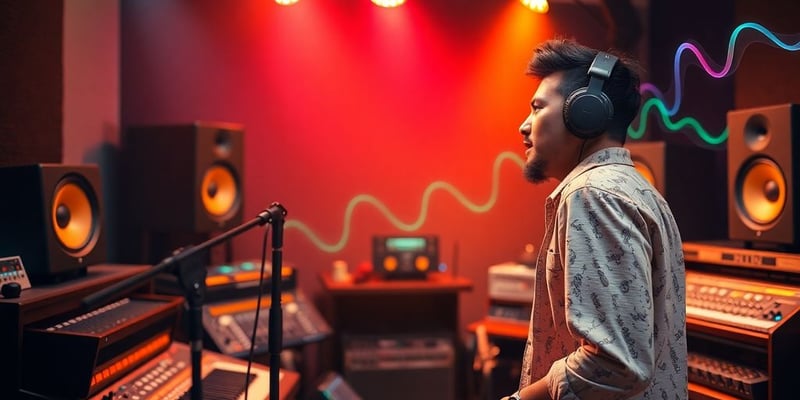 A vocalist in a studio surrounded by musical equipment.