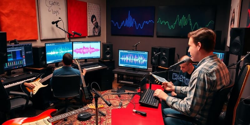 Musicians collaborating with AI vocal plugins in a studio.