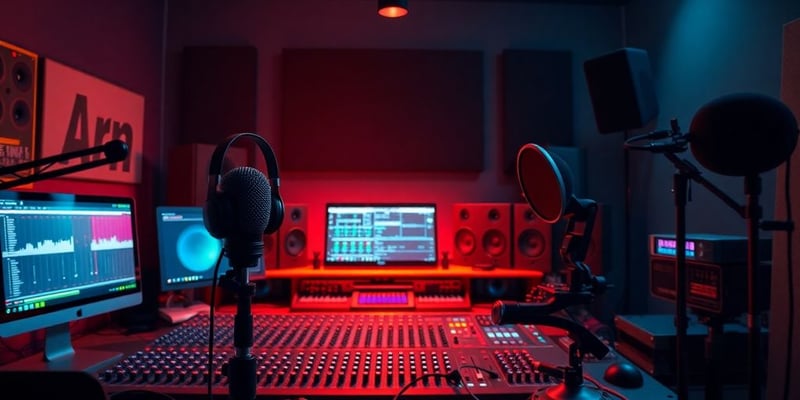 Professional audio mixing setup in a vibrant studio.