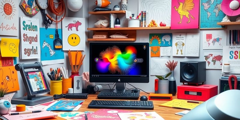 Artistic workspace with AI image generator and colorful designs.