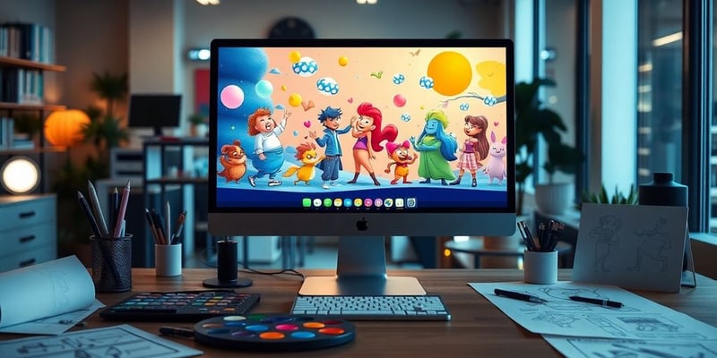 Colorful animated characters on a computer screen in workspace.