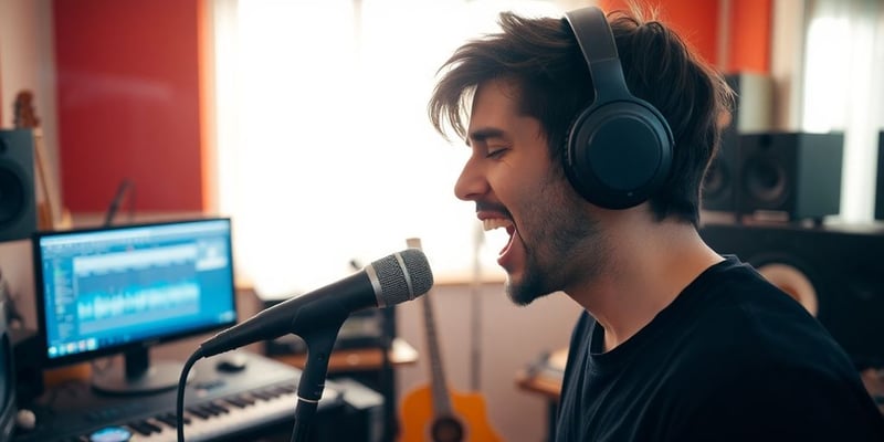 Musician singing with headphones in a lively studio setting.