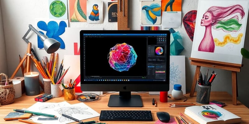 Artist's workspace with AI image generation tool and supplies.