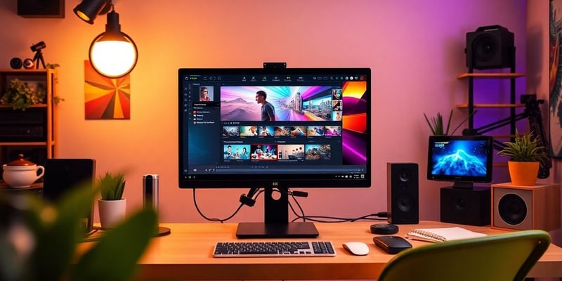 Modern workspace with computer for video content creation.