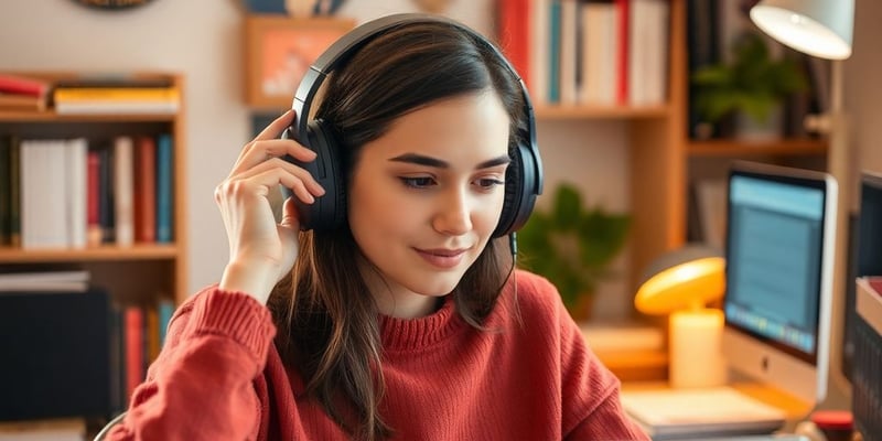 Person with headphones in a cozy workspace listening.