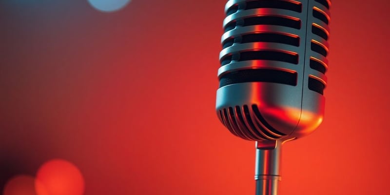 Close-up of microphone with sound waves, vibrant and warm.