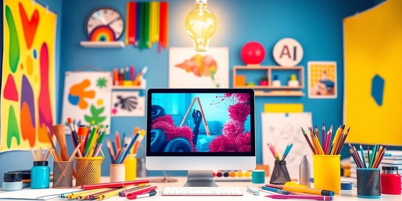 Colorful workspace with art supplies and computer.