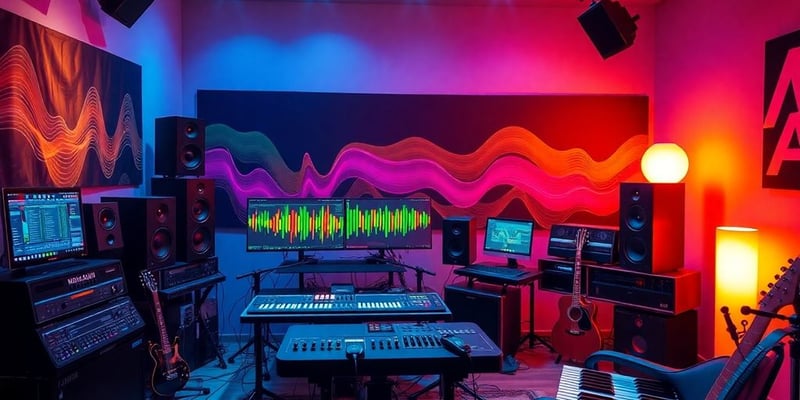 AI music production setup with colorful sound waves.