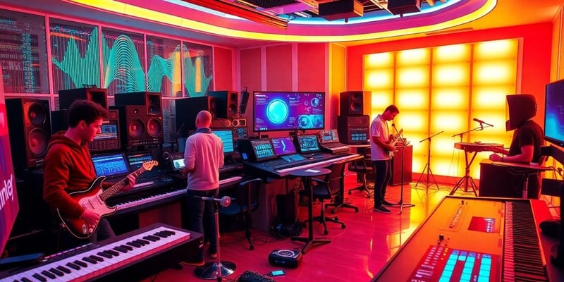 Futuristic music studio with AI and musicians creating sound.