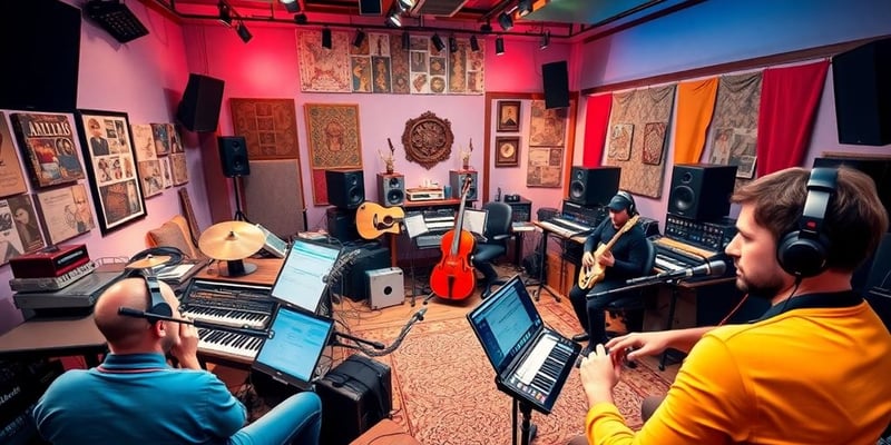 Musicians collaborating with AI in a vibrant studio.