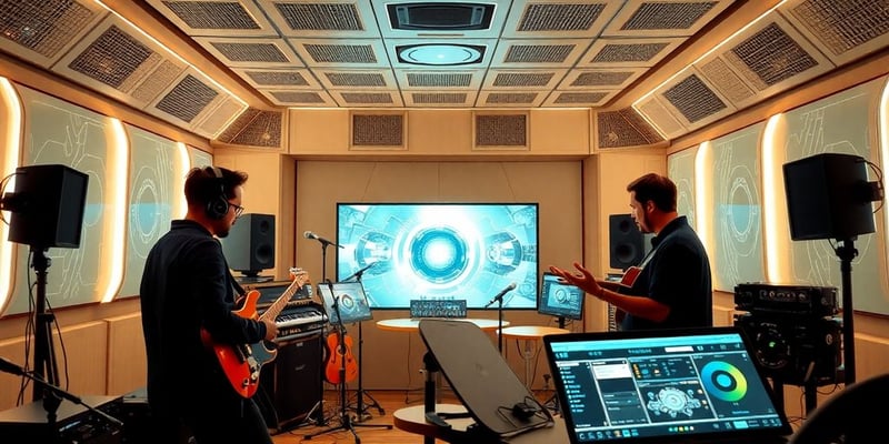 Futuristic recording studio with musicians and AI technology.