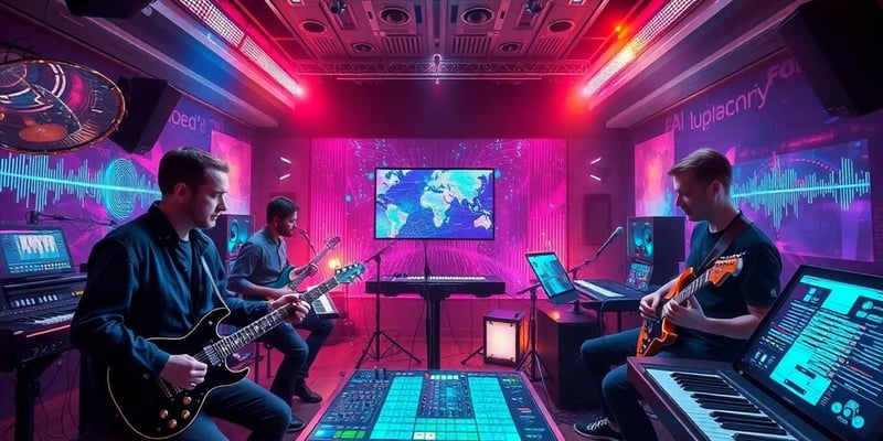 Musicians in a futuristic studio with AI technology.